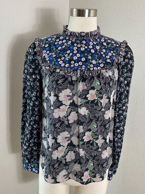 Rebecca Taylor Womens 4 Mix Floral 100% Silk Blouse Long Sleeve Ruffle High Neck